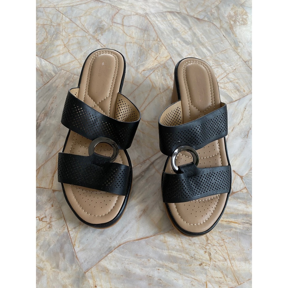 Fashion Focus Black Perforated Wedge Slide Sandals Gunmetal Ring‎ Size 36